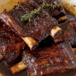 Delicious braised beef short ribs served with rich sauce and herbs