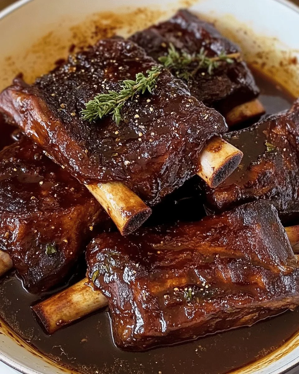 Delicious braised beef short ribs served with rich sauce and herbs