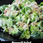 Fresh Broccoli Salad topped with nuts and dressing
