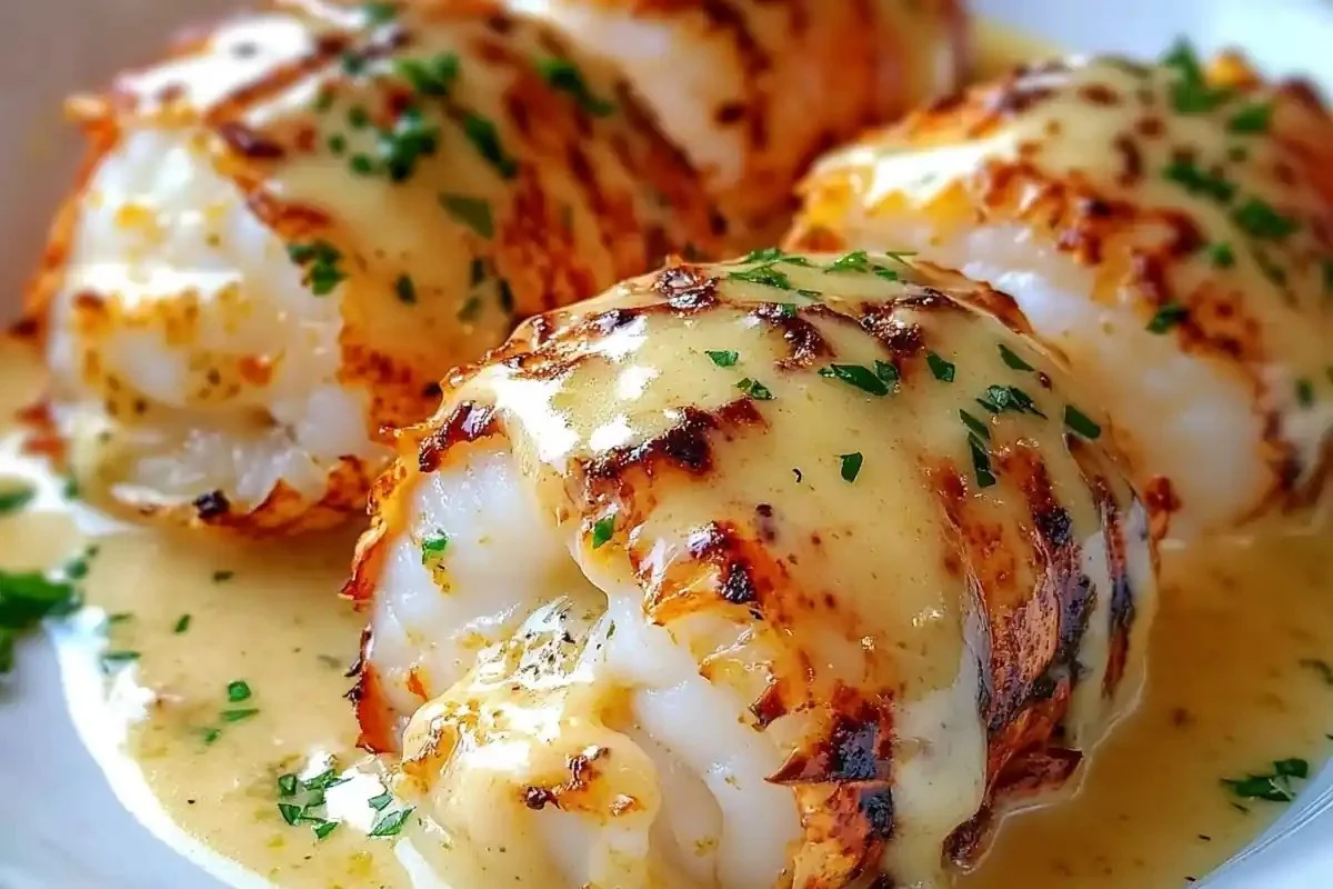 Broiled lobster tails in garlic sauce served on a plate