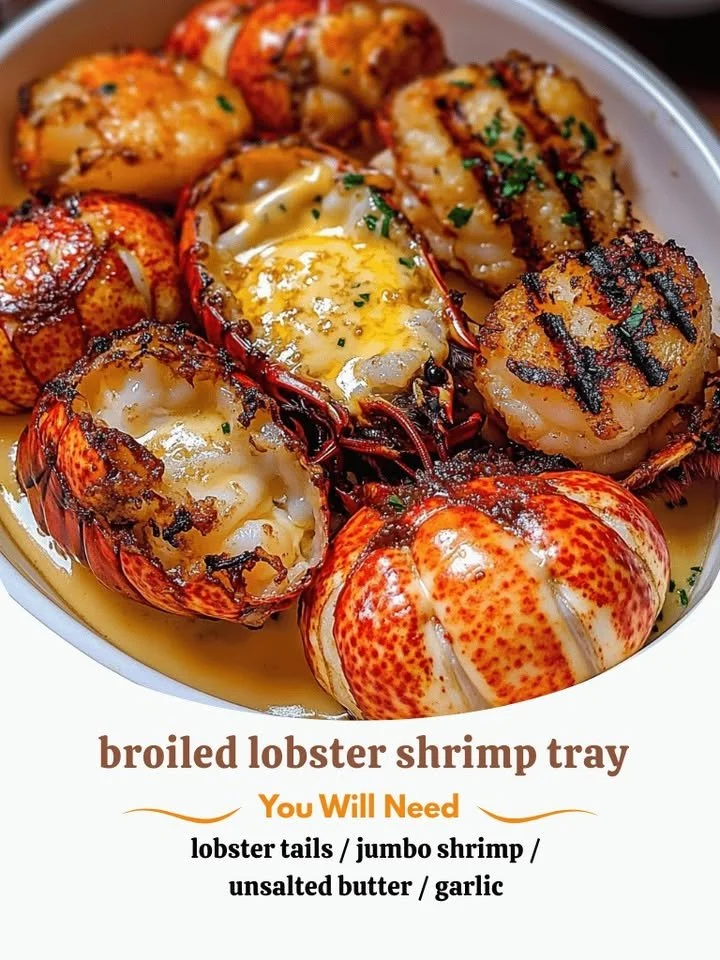 Broiled lobster tails with garlic butter and jumbo shrimp on a plate