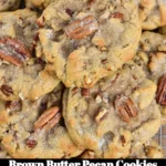 Freshly baked brown butter pecan cookies on a white plate.