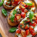 Delicious burrata bruschetta topped with tomatoes and basil on toasted bread.