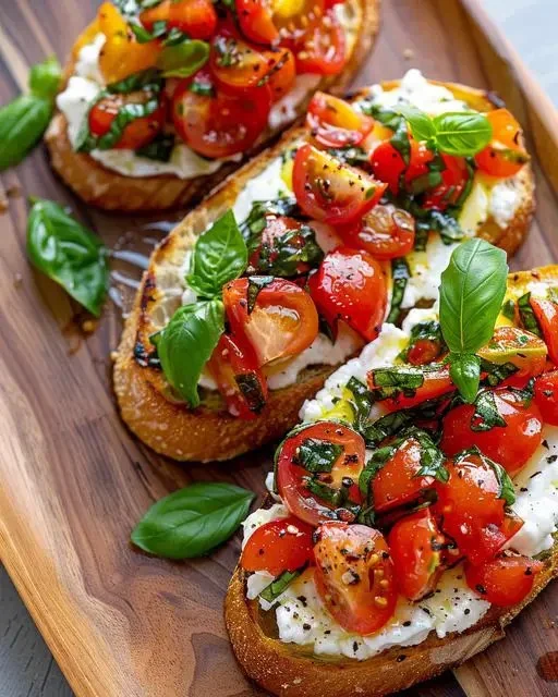 Delicious burrata bruschetta topped with tomatoes and basil on toasted bread.