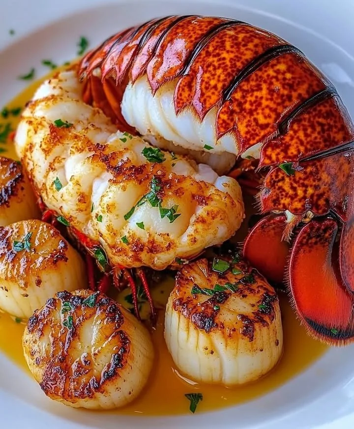 Delicious butter-seared lobster tail and scallops served elegantly
