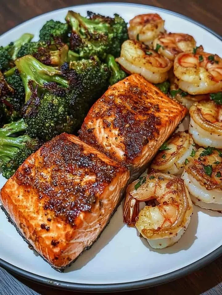 Cajun Salmon with Garlic Butter Shrimp and Roasted Broccoli on a plate