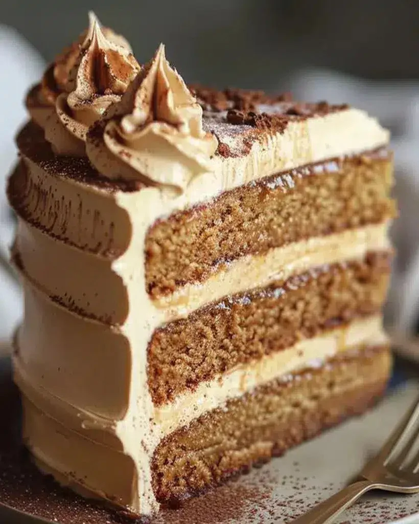 Delicious slice of Caramel Coffee Buttercream Cake with creamy frosting