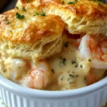Delicious Cheddar Bay Seafood Pie topped with cheese and shrimp