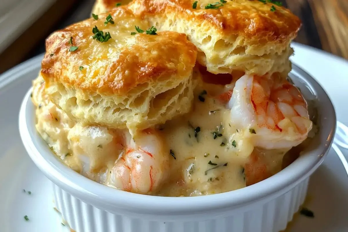 Delicious Cheddar Bay Seafood Pie topped with cheese and shrimp