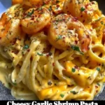 Cheesy garlic shrimp pasta garnished with parsley in a bowl