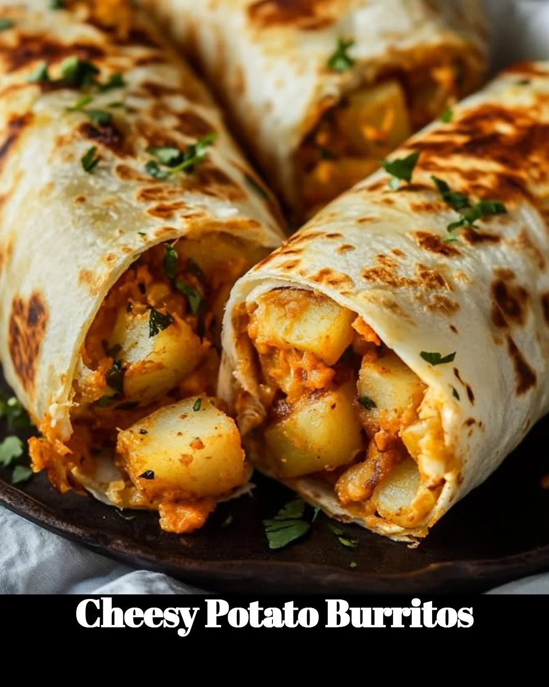 Delicious cheesy potato burritos with fresh toppings served on a plate