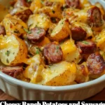 Cheesy Ranch Potatoes and Sausage dish garnished with herbs