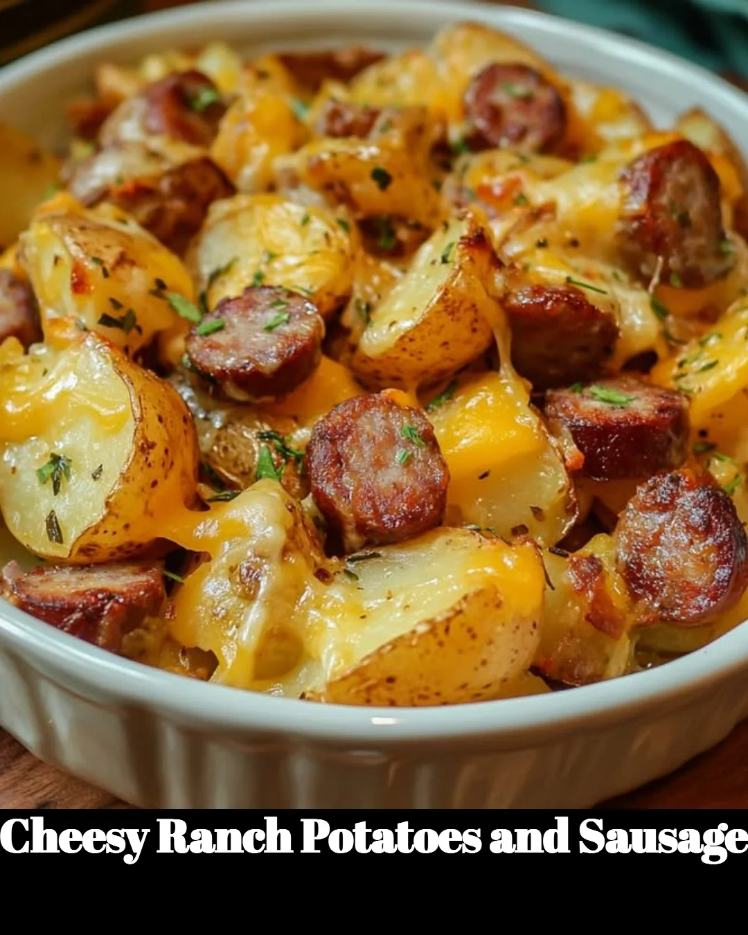 Cheesy Ranch Potatoes and Sausage dish garnished with herbs