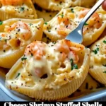 Plate of cheesy shrimp stuffed shells topped with herbs