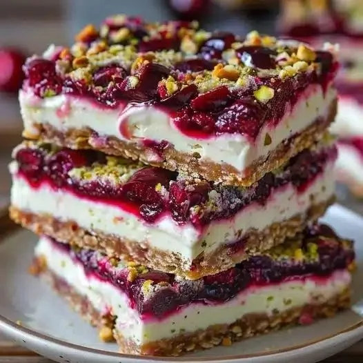 Delicious Cherry Pistachio Cheesecake Bars with fresh cherries and pistachios