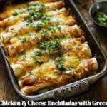 Chicken and cheese enchiladas topped with green chili sauce