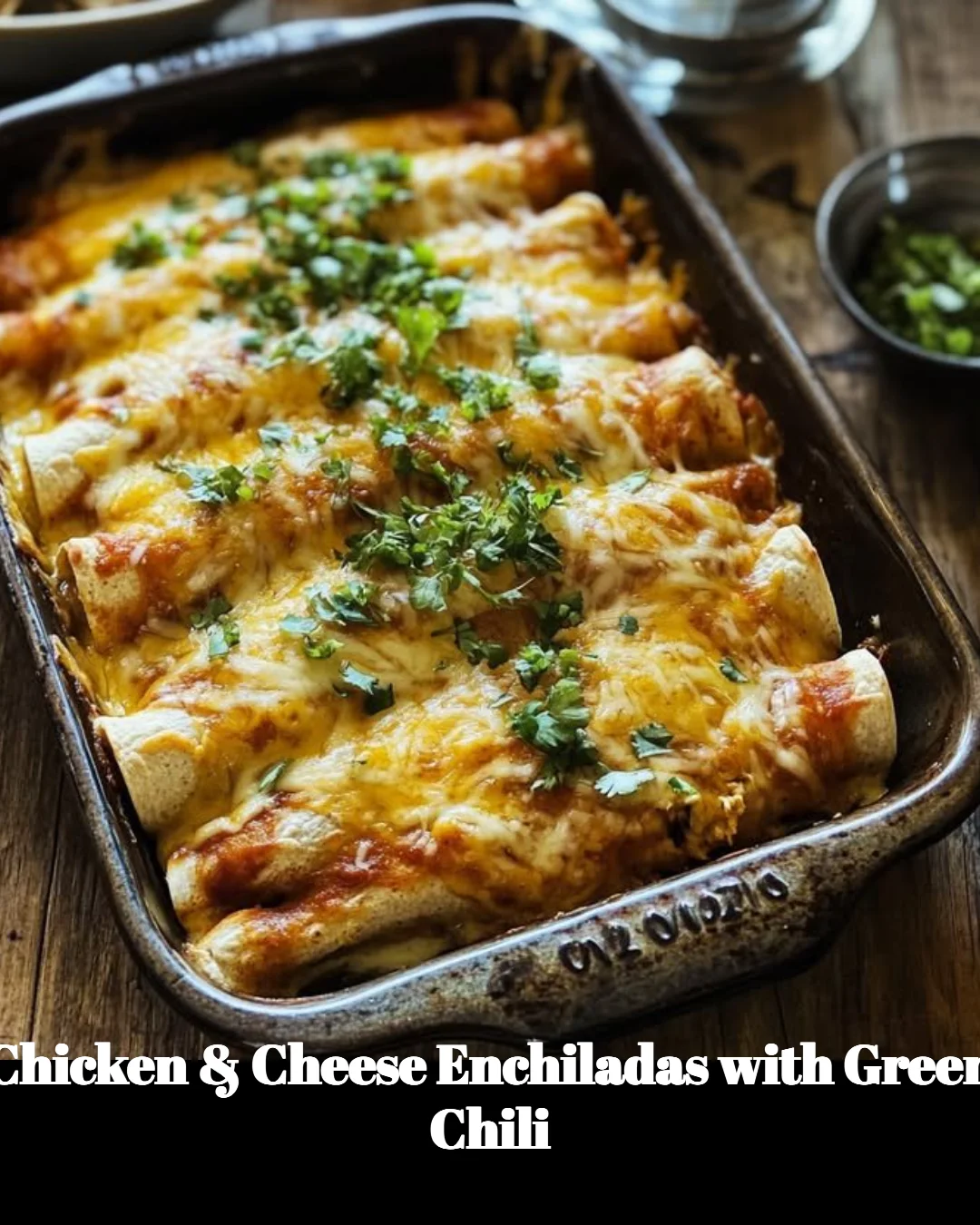 Chicken and cheese enchiladas topped with green chili sauce