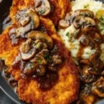 Delicious Chicken Schnitzel served with rich mushroom gravy, garnished with parsley.