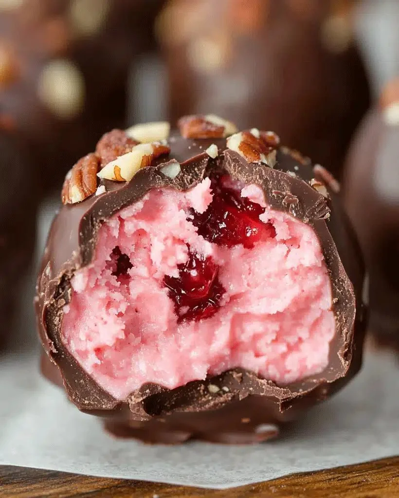 Delicious Chocolate Cherry Coconut Truffles garnished with coconut flakes.