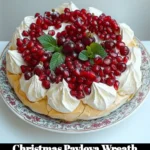 A beautiful Christmas Pavlova Wreath decorated with fresh fruits and whipped cream.