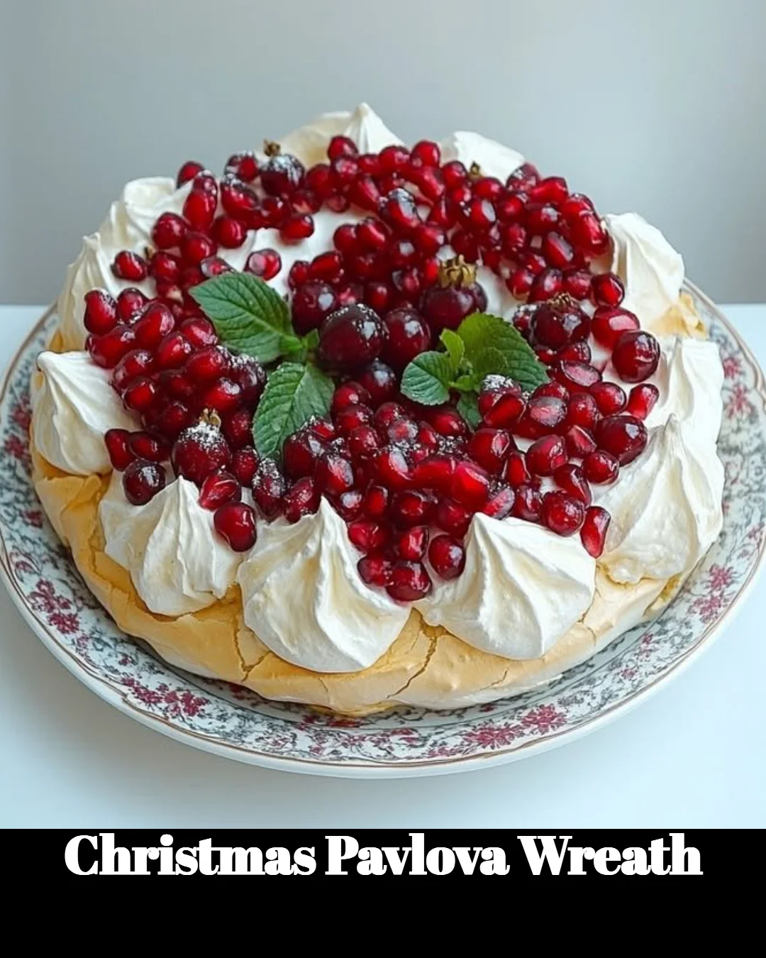 A beautiful Christmas Pavlova Wreath decorated with fresh fruits and whipped cream.