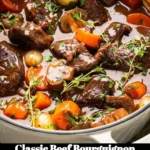 Serving of classic Beef Bourguignon in a rustic bowl garnished with herbs