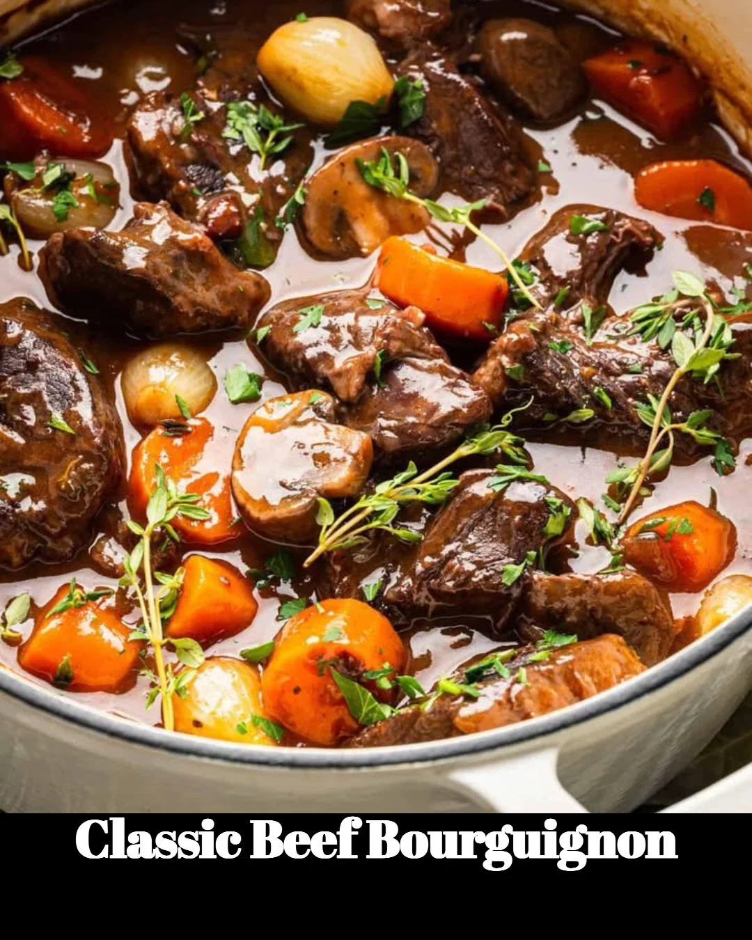 Serving of classic Beef Bourguignon in a rustic bowl garnished with herbs