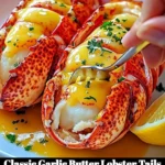 Delicious garlic butter lobster tails served on a plate garnished with herbs