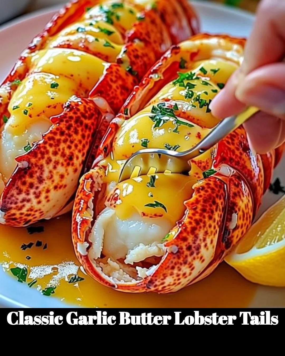 Delicious garlic butter lobster tails served on a plate garnished with herbs
