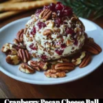 Cranberry pecan cheese ball garnished with nuts and herbs, served on a platter.