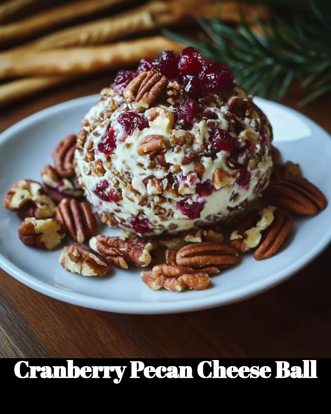 Cranberry pecan cheese ball garnished with nuts and herbs, served on a platter.