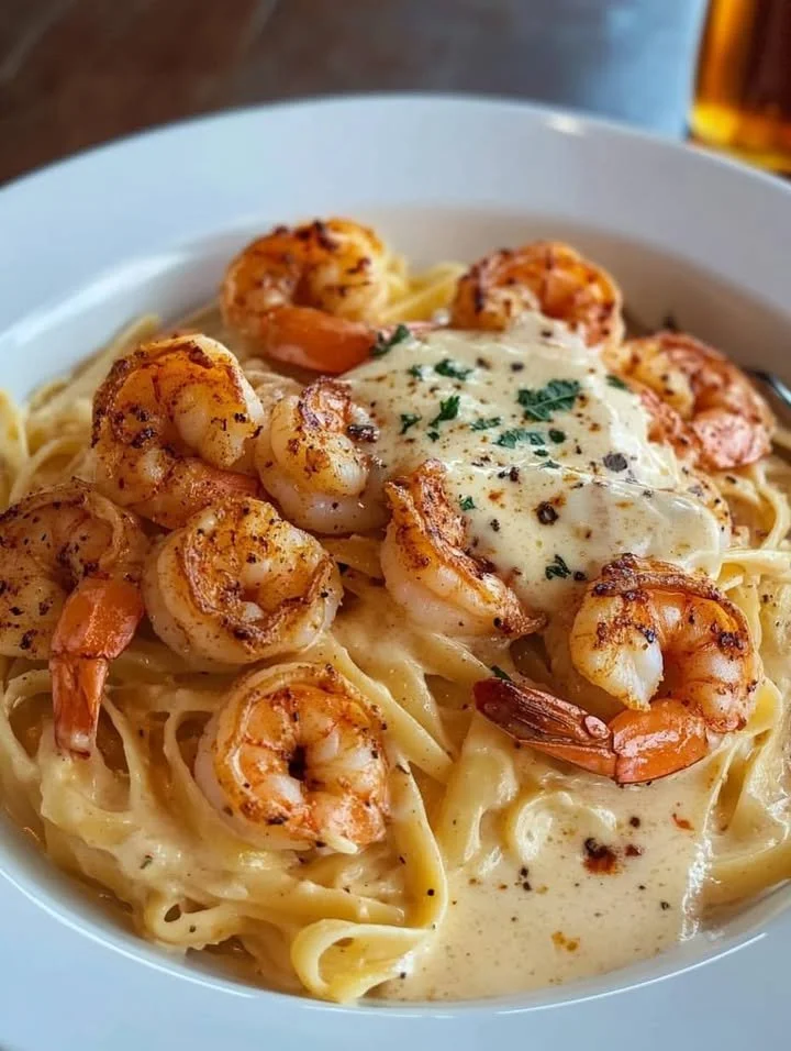 Creamy Cajun Shrimp Alfredo pasta dish with shrimp and spices