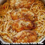 Creamy chicken pasta with white wine parmesan sauce served in a bowl