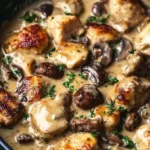 Creamy chicken with mushrooms and Dijon sauce served on a plate