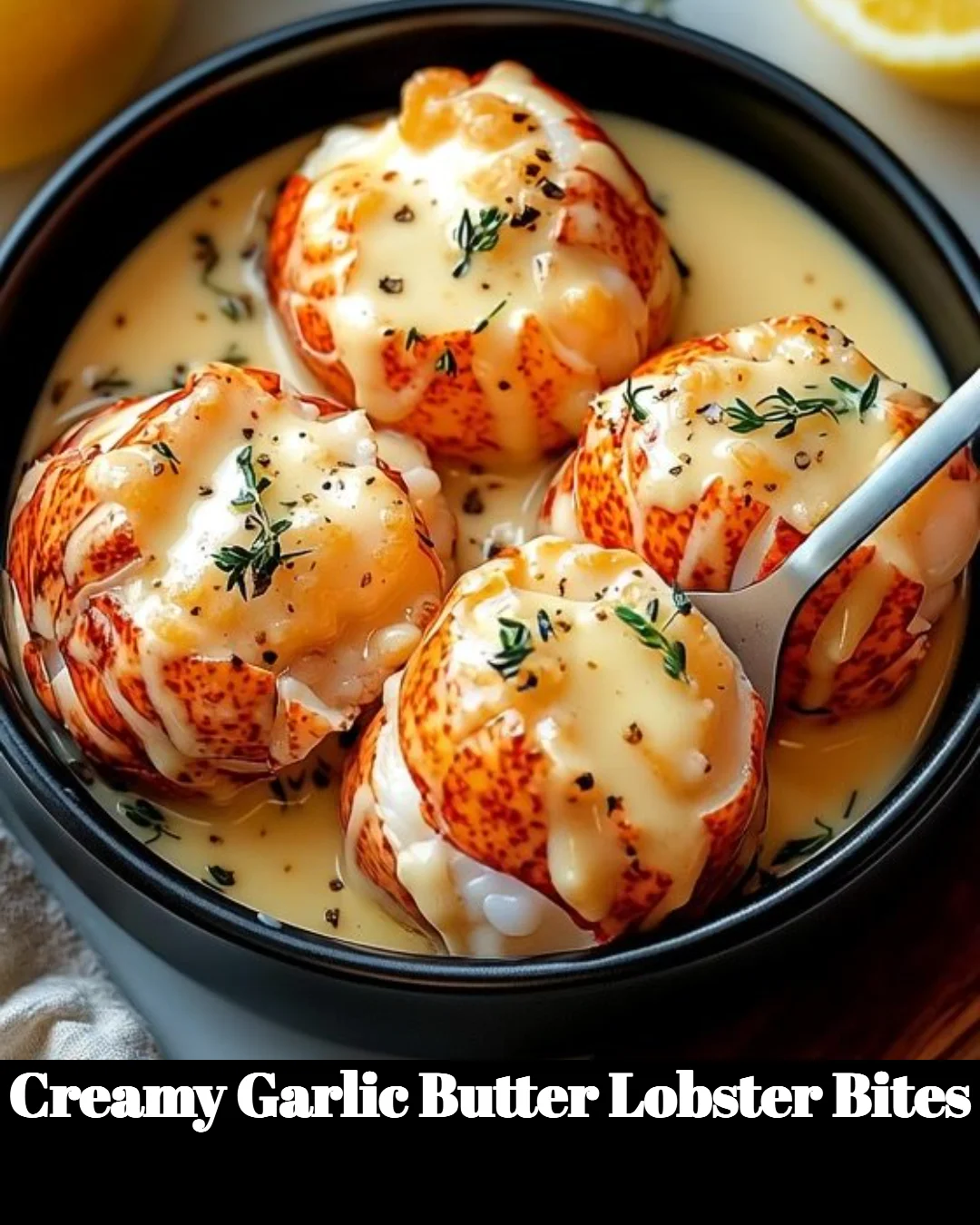 Delicious creamy garlic butter lobster bites served on a platter