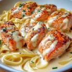 Plate of creamy garlic butter salmon pasta garnished with parsley