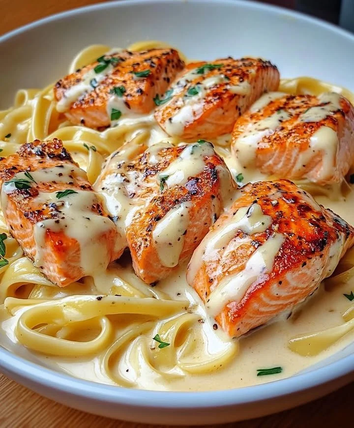 Plate of creamy garlic butter salmon pasta garnished with parsley