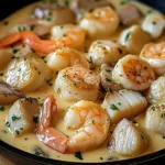 A delicious plate of creamy garlic seafood with shrimp, scallops, and herbs.