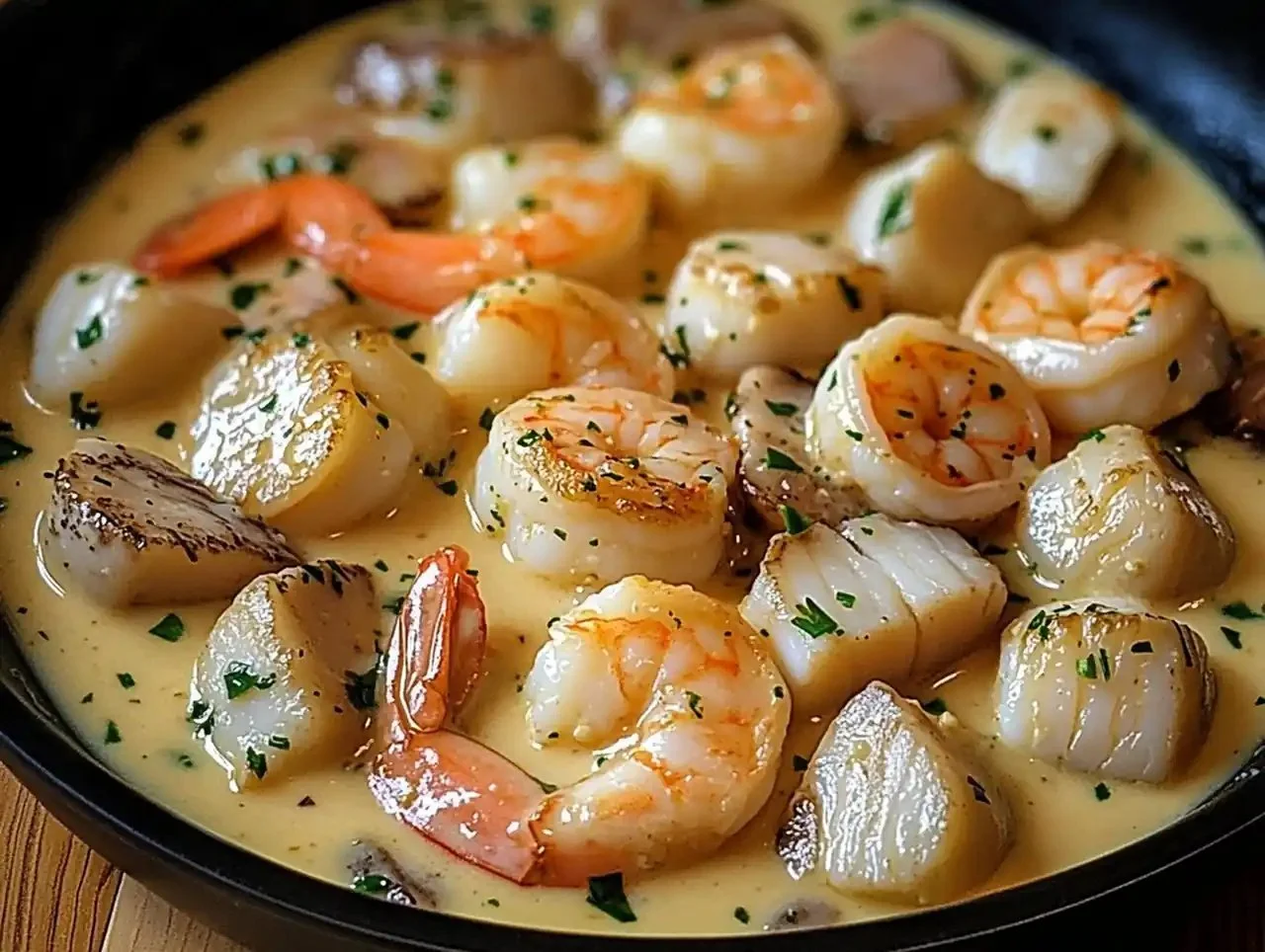 A delicious plate of creamy garlic seafood with shrimp, scallops, and herbs.