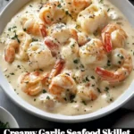 Creamy garlic seafood skillet with shrimp and scallops garnished with parsley