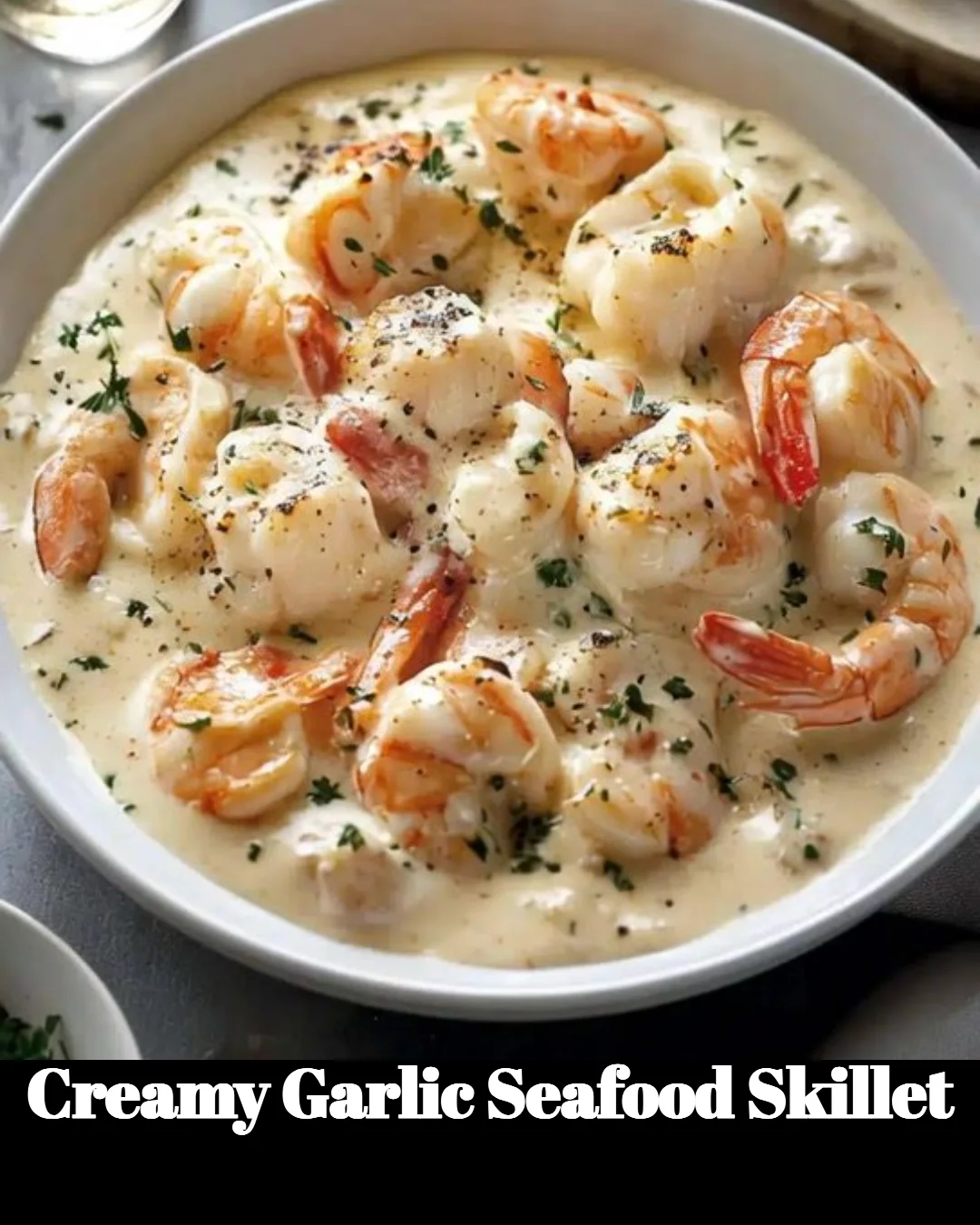 Creamy garlic seafood skillet with shrimp and scallops garnished with parsley