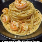 Creamy garlic shrimp pasta with fresh ingredients and herbs in a bowl.
