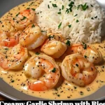 Plate of creamy garlic shrimp served over fluffy rice