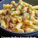 Creamy Italian sausage pasta garnished with herbs and served in a bowl