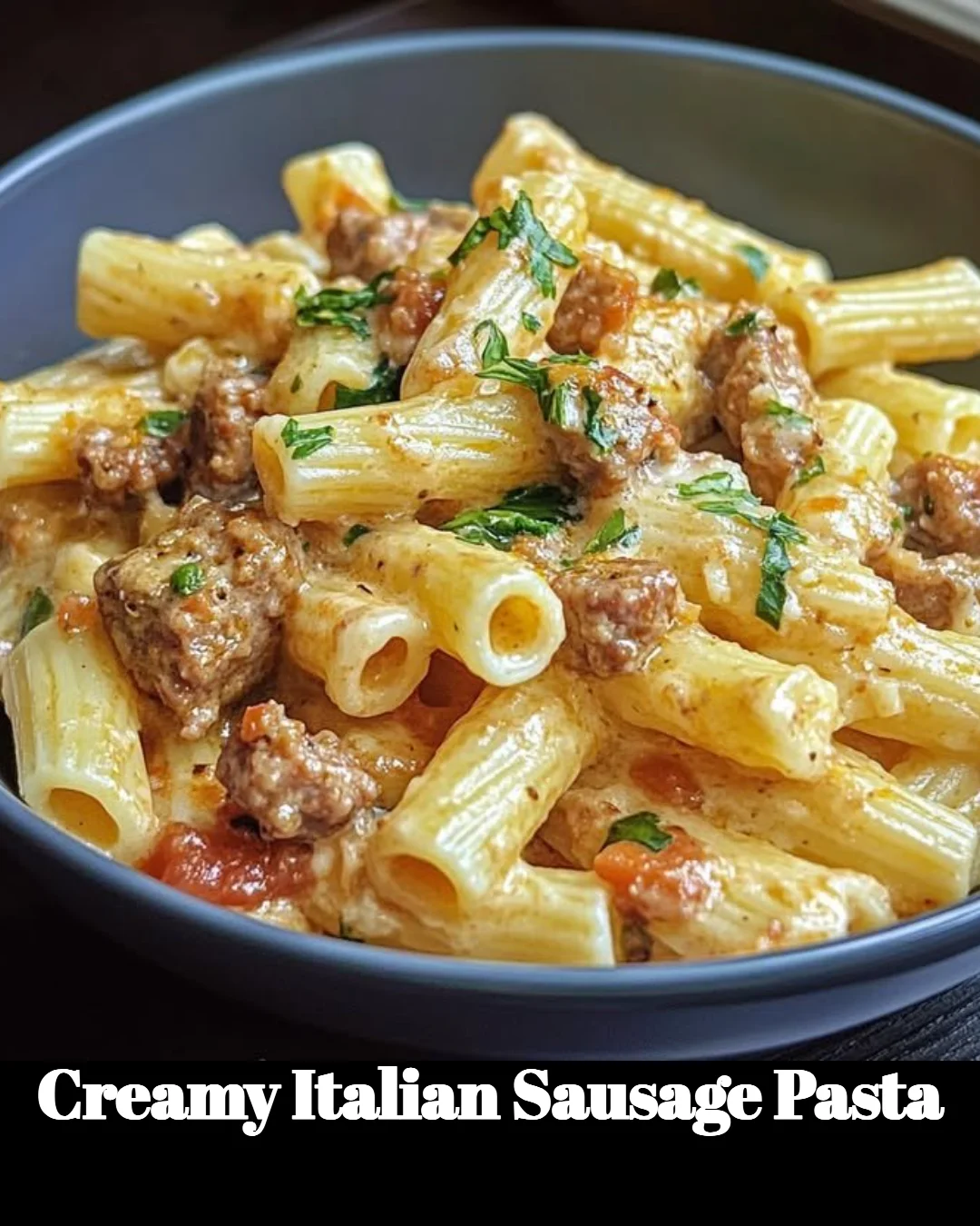 Creamy Italian sausage pasta garnished with herbs and served in a bowl