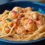 A plate of creamy lobster spaghetti garnished with parsley and herbs.