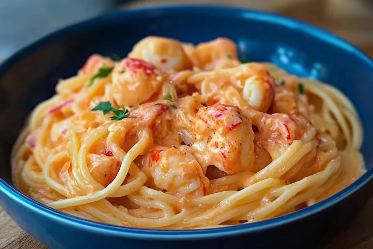 A plate of creamy lobster spaghetti garnished with parsley and herbs.