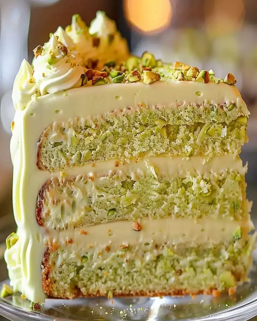 Slice of creamy pistachio cake decorated with nuts and frosting