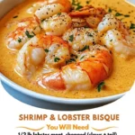 Creamy shrimp and lobster bisque served in a bowl with garnishes.