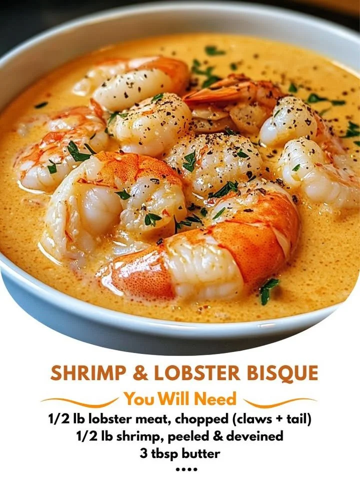 Creamy shrimp and lobster bisque served in a bowl with garnishes.